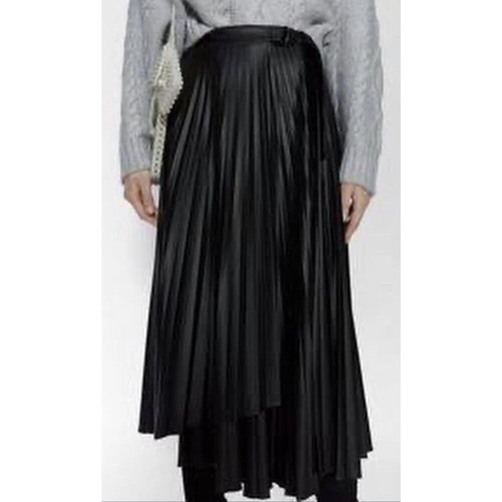 Zara Black Faux Leather Midi Skirt Belt Pleated Maxi Women XS Blogger Fave Wrap